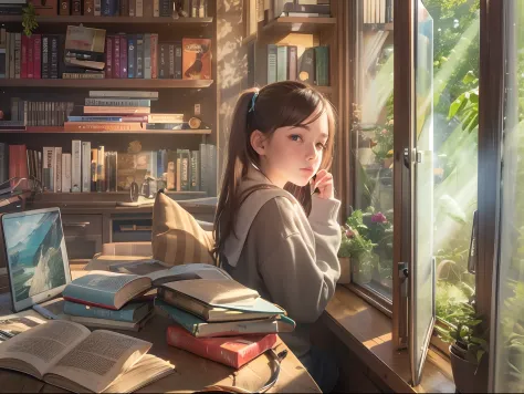 15-year-old girl reading a book, MAC ON DESK,bookshelves , Sunlight outside the window,.