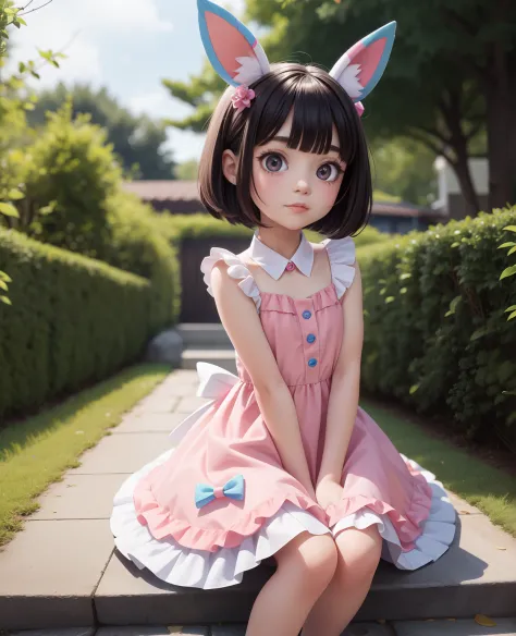 4k, master piece, best quality, kawaii, cute, sfw, sylveon, hioshiru, goth frilly dress, bob cut