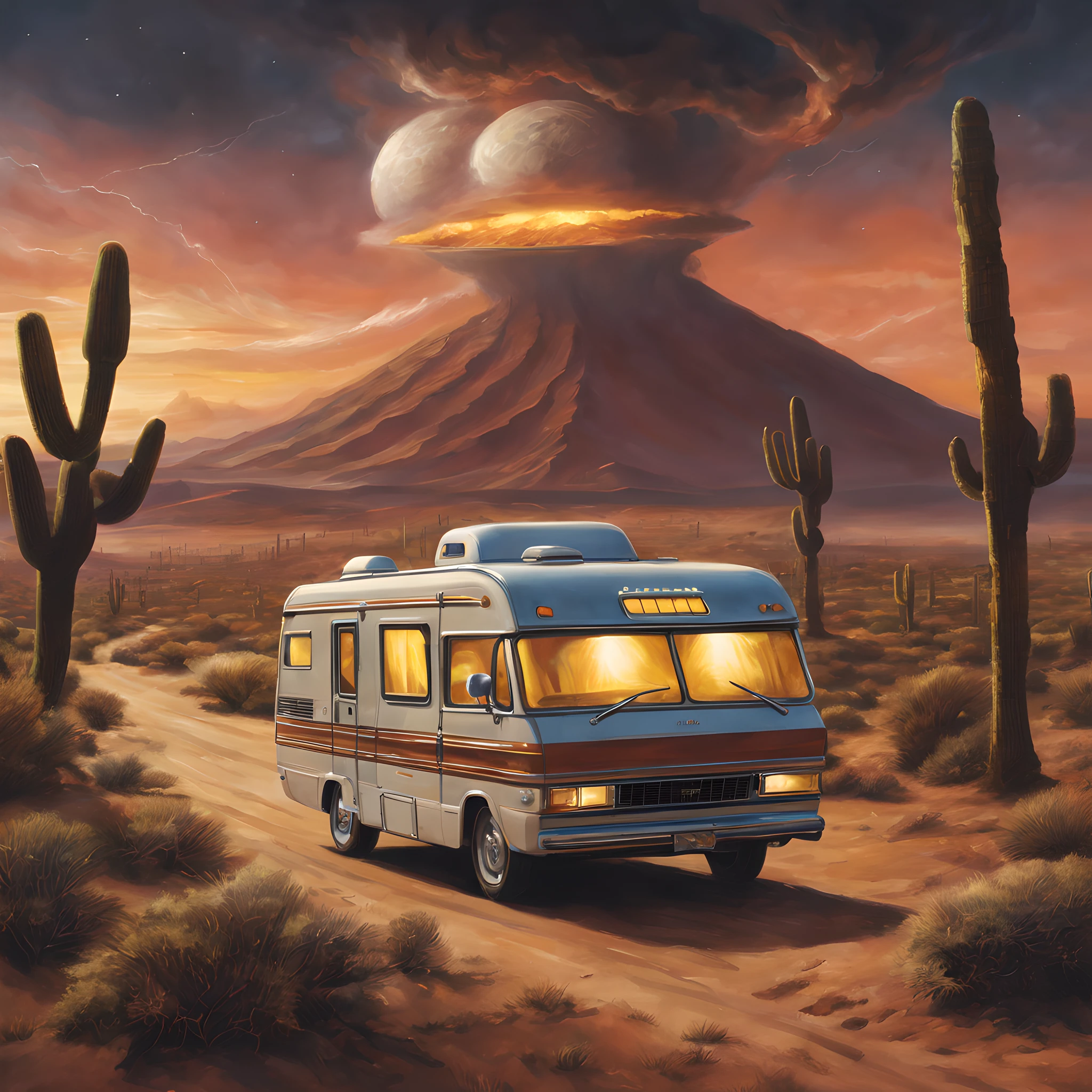 Composition: "Describes a scene in which a motorhome drives through the vast desert of Central America. The motor home must be depicted in the foreground, Speeding along the highway, While a vast desert landscape spreads out in the background."

Motor Home: "The motorhome is exquisitely decorated."

Background: "In the background, The deserts of Central America stretch as far as the eye can see. The sky is filled with eerie lights and smoke from invading alien spaceships, creating a tense atmosphere."