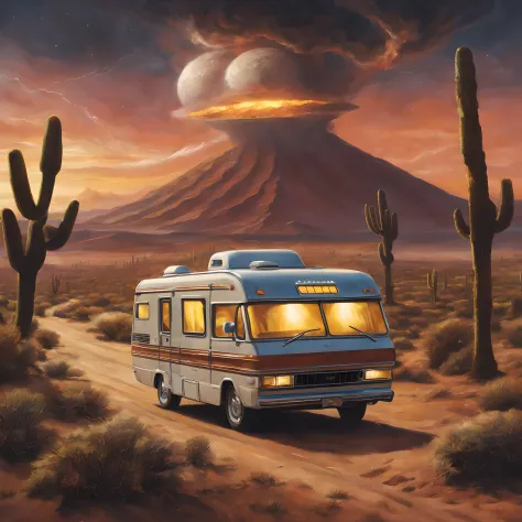 composition: "describes a scene in which a motorhome drives through the vast desert of central america. the motor home must be d...