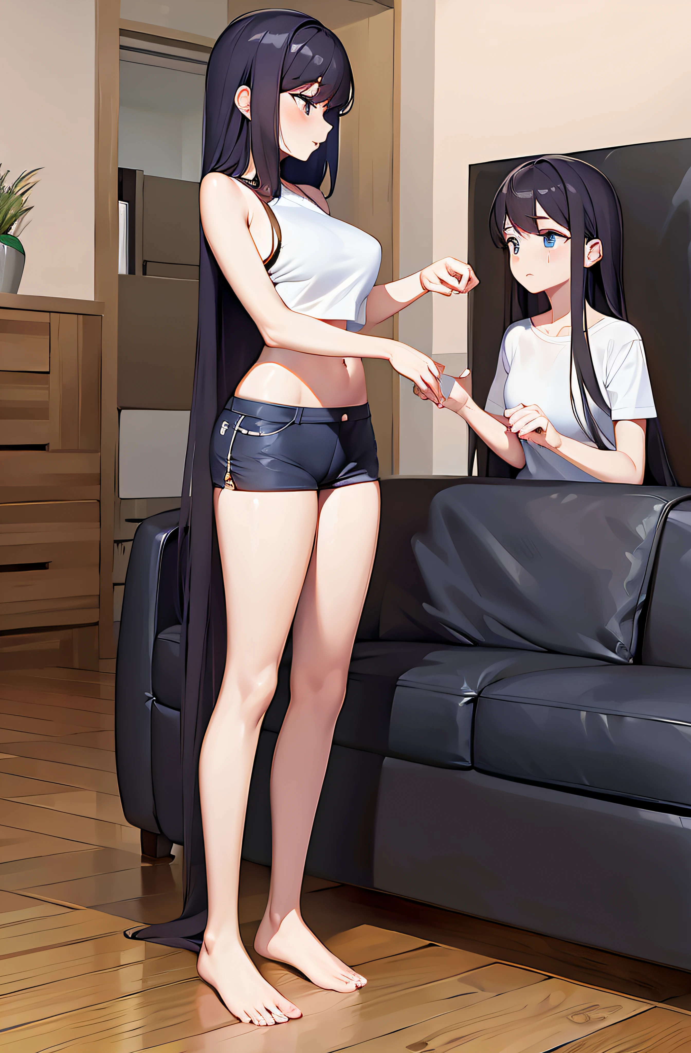 Anime girl in short shorts standing in front of a couch - SeaArt AI