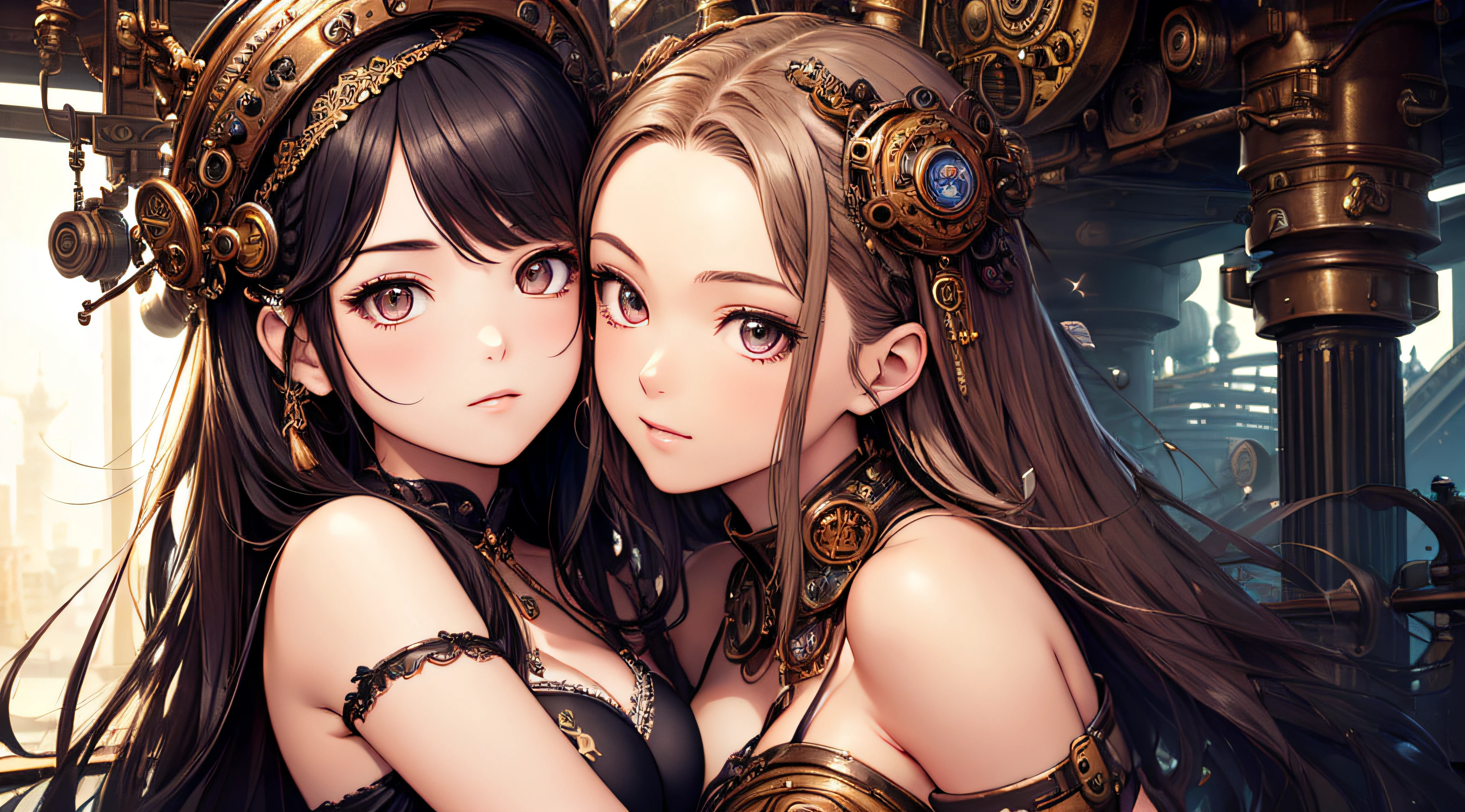 murata, range murata, steampunk, (((Masterpiece))), ((((Best quality)))), (((Ultra-detailed))), (CG illustration), ((Extremely delicate and beautiful)),(Cute and delicate face),Cinematic light,two beautiful woman hugging, mature, long flowing rainbow hair, steampunk, head decoration, braided hair, delicate face, looking at the camera, steampunk bikini, excellent picture quality, 8k, ultra clear