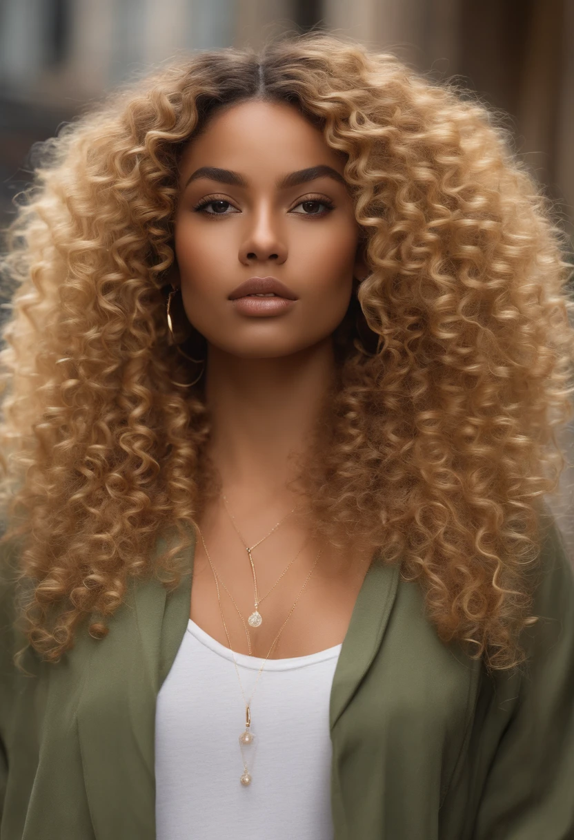 "Ultra-realistic image of a beautiful 21-year-old Afro-Latin girl,Caramel peel, corps parfait, forte poitrine, nez fin,Taille fine, cheveux blond, Curly and curly hair karibean , piercing green eyes.hyper-realistic，anatomie correcte，Facial features are carefully represented，Boucles gratuites, curly blonde hair, (cour, curly blonde hair), Long curly wild blonde hair, cheveux multiversaux, cour, curly blonde hair, curly blonde hair, Boucles, wavy hair spread out, Boucles baroques, Boucles, Curly,Texture des cheveux, Curly bang,Photo ID