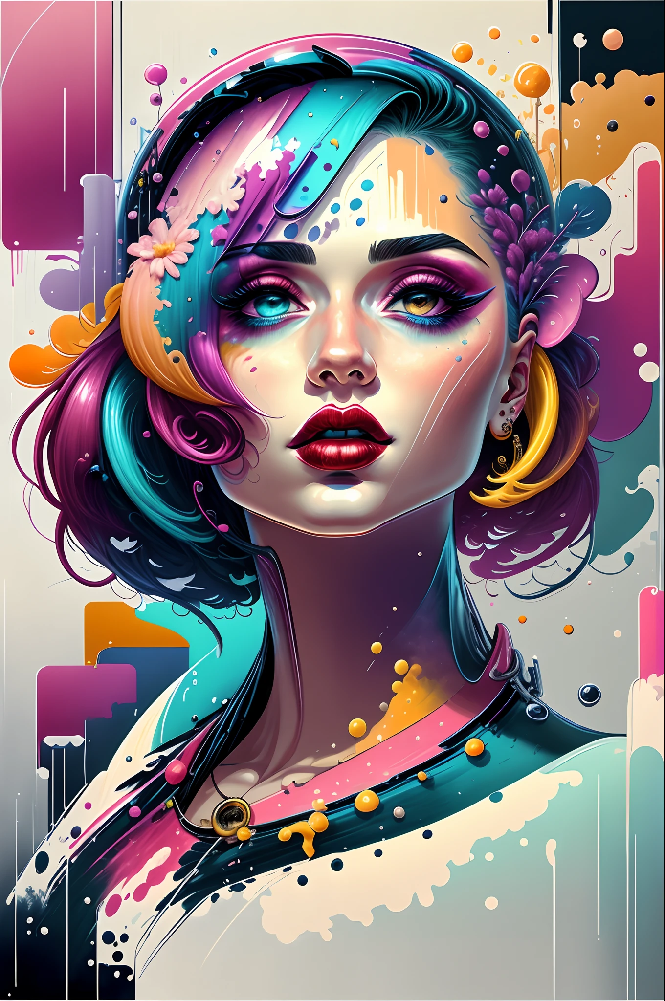 Create digital artworks in the pop art style, Featuring vibrant and confident women with bold makeup and colorful fashion, Cinematic color scheme, Surrounded by abstract floral patterns, Energetic brush strokes,The mood must be dynamic.