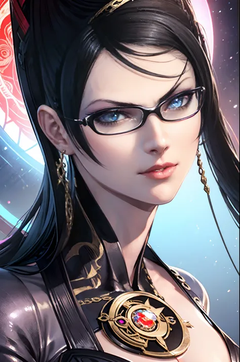 a close up of Bayonetta (bayonetta video game), with glasses and a bra ...