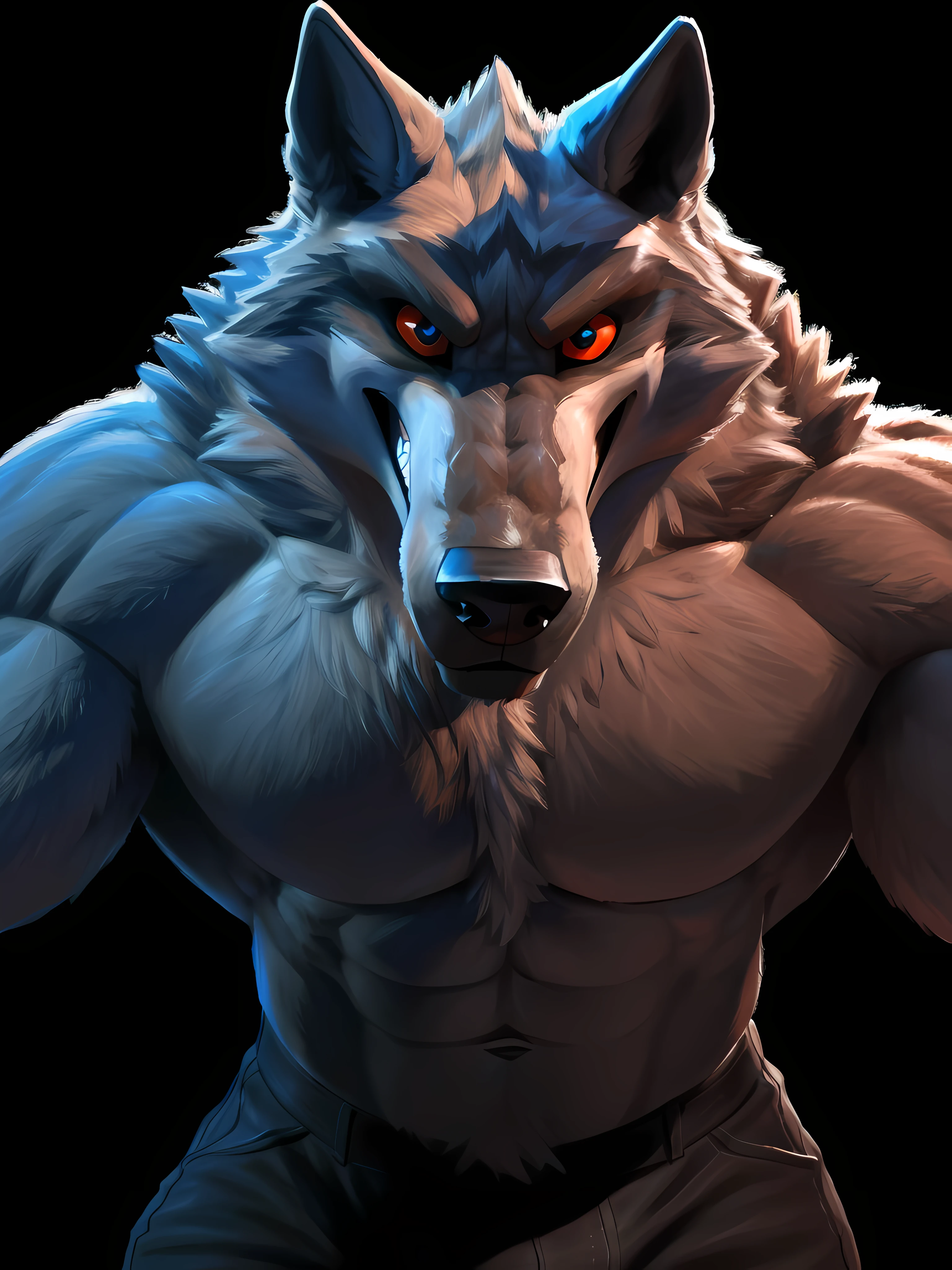 deathwolf, 4k, high resolution, best quality, posted on e621, solo, anthro body, mane, male, adult, bare chest, very masculine, (very muscular, strong pectorals, big pecs, muscular arms, heavyweight:1.2), correct anatomy, (dark background, black background, featureless background no background:1.2), (by wfa:0.6), (by spelunker_sal:0.6), (taran fiddler anatomy:1.0), (black pants:1.0), (detailed eyes:1.2), (detailed shading, photorealistic shading, masterpiece:1.2), confident, proud, strong pose, (veins, vascular:1.1), angry face, smile, looking at viewer, wolf tail, (close-up, half body, front view, head, face, chest)