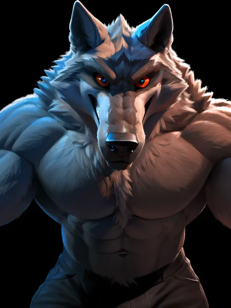 deathwolf, 4k, high resolution, best quality, posted on e621, solo, anthro body, mane, male, adult, bare chest, very masculine, (very muscular, strong pectorals, big pecs, muscular arms, heavyweight:1.2), correct anatomy, (dark background, black background...
