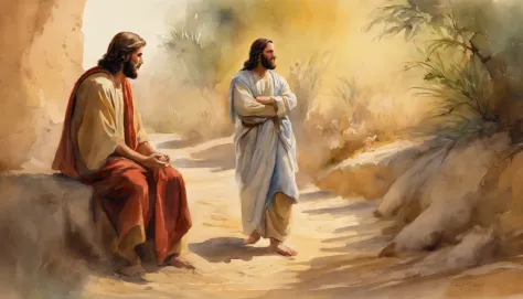 Scene of Jesus Christ and Cain in conversation，Biblical related， High quality shadows, High quality of light, High quality clothing, Masterpiece picture quality, max detail, Masterpiece quality.