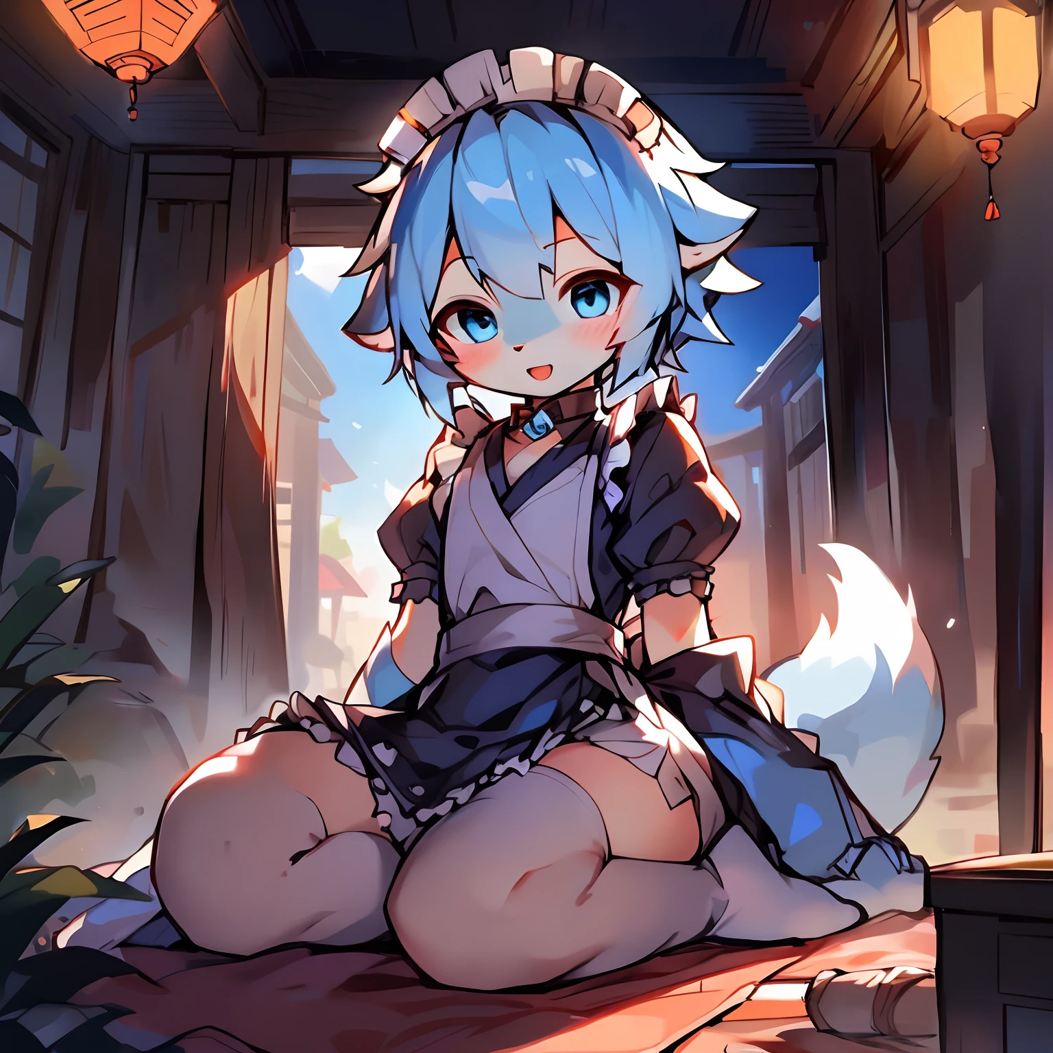 Masterpiece, high quality portrait, 16k, Furry,solo person，( Blue eyes, Sky blue hair，Dark blue arms，white stockings，White knee-length socks:1.2),，Maid dress，Fox, cub, bit girl,skin_Fang, Double reference, warm lights, Japanese-style kneeling sitting,Bedrooms, Full shot,author：Sumi Kuroi, Yupa,Kiyosan