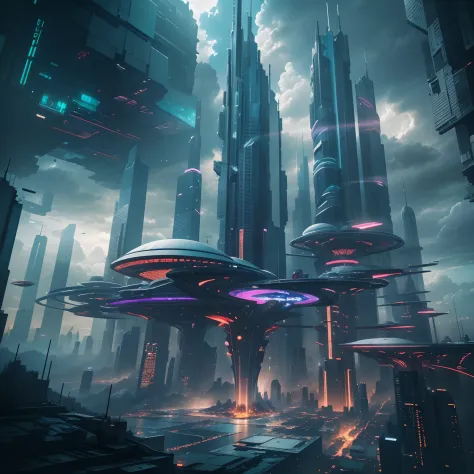 A cyberpunk futuristic city with glass skyscrapers towering from the ground，Skyscrapers tall enough to pierce through the clouds，planet earth，kosmos，A dreamy world，Romantic world，utopia，​masterpiece，Masterpiece，超A high resolution，A world far beyond creatio...