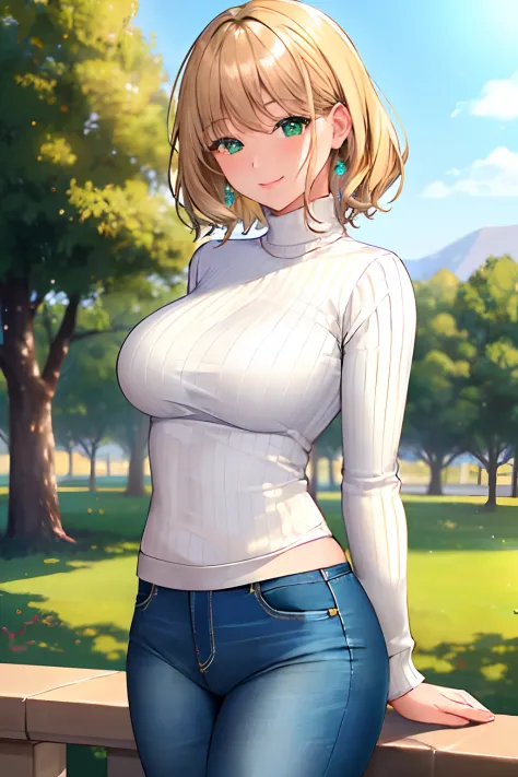 masterpiece, best quality, ultra-detailed, beautiful lighting, Woman, tight jeans, blonde hair, (green eyes:1.3), (white sweater...