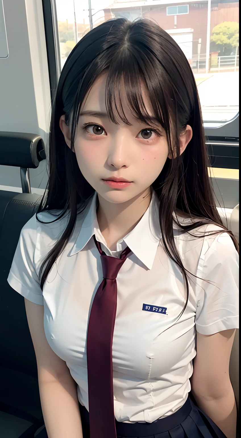 (masutepiece, Best Quality:1.2), 8K, 15yo student, 85 mm, Official art, Raw photo, absurderes, White dress shirts, Pretty Face, close up, Upper body, violaceaess, gardeniass, Beautiful Girl, School uniform, (Navy pleated skirt:1.1), Cinch West, thighs thighs thighs thighs, Short sleeve, on train, Sit on a bench seat, Looking at Viewer, No makeup, (Smile:0.4), Film grain, chromatic abberation, Sharp Focus, face lights, clear lighting, Teen, Detailed face, Bokeh background, (dark red necktie:1.1)