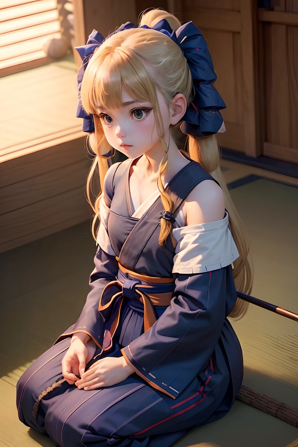 girl with, (((Petite girl with blonde twin tails))),(the Extremely Detailed CG Unity 8K Wallpapers), most beautiful artwork in the world,(((Off-the-shoulder archery suit))),((())),(()),((Kyudojo)),(((Tatami mats))),(((Kyudo))),(((practice))),((())),((())),(((Dark blue hakama))),(((,Piece of art))),((()))),((())),(((Smaller chest))),((Daytime)),(((Look at viewers))),(((Sitting upright))),(((bowing))),(()),((The upper part of the body)),((Rin))