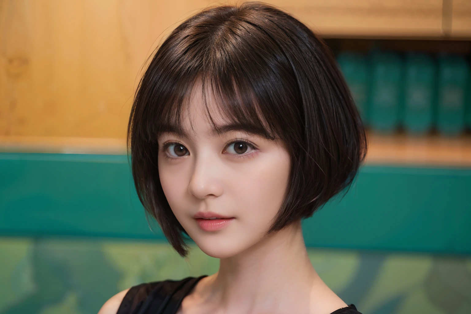 15
(Shorthair:1.3), (a 20 yo woman), (A hyper-realistic), (masutepiece), (8KUHD), Beautiful woman, Small eyes, (Abstract background:1.23)