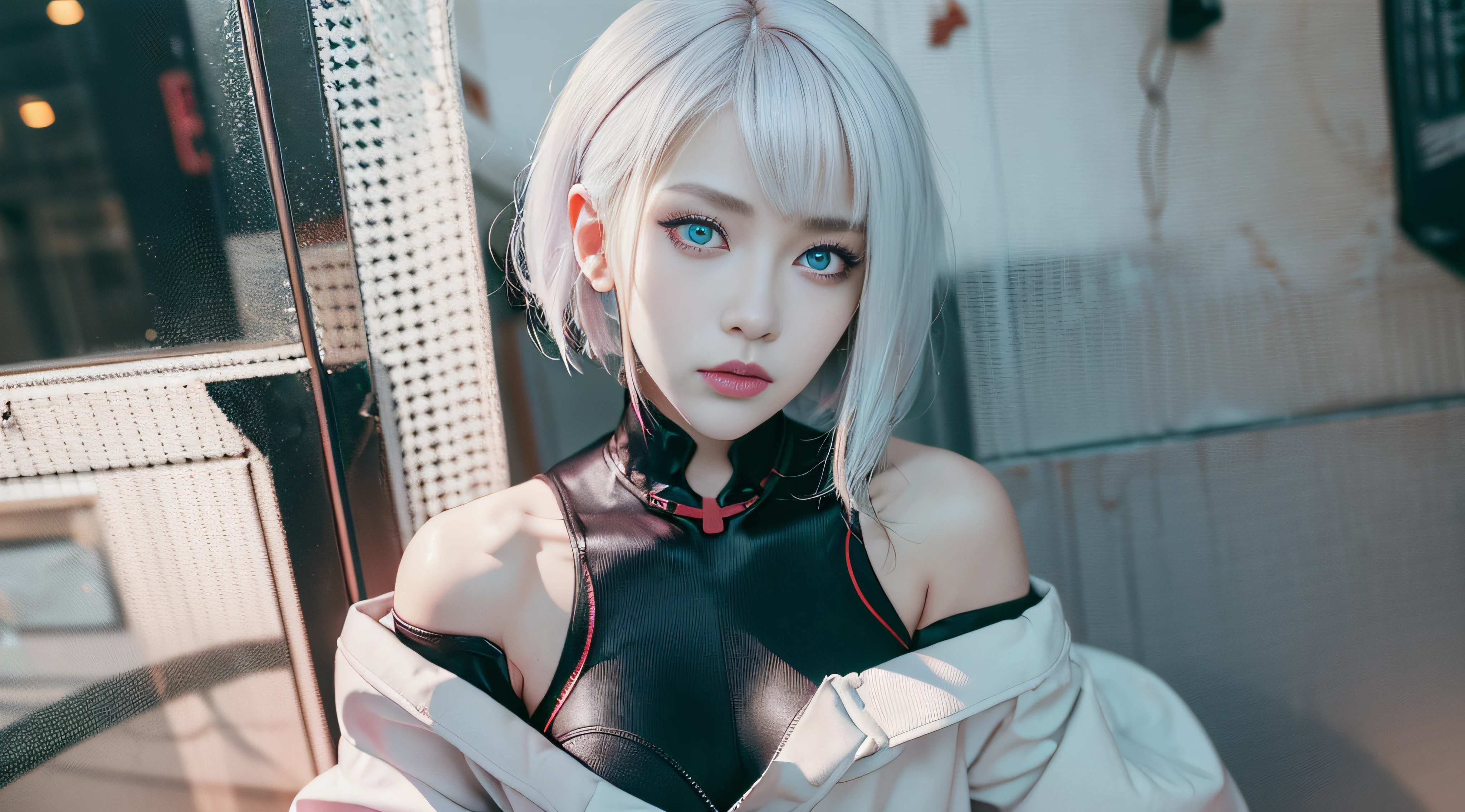 cyberpunk edgerunners, 1girl, lucy \(cyberpunk\), bare shoulders, blue eyes, breasts, leotard, looking at viewer, medium breasts, off-shoulder jacket, off shoulder, red eyeliner, short hair, sleeveless turtleneck leotard, solo, turtleneck leotard, white hair, ((masterpiece))