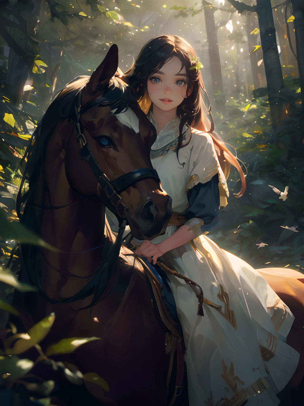 best quality,ultra-detailed,realistic,highres,sharp focus,professional,studio lighting,HDR,(vibrant colors,vivid colors),(bokeh,soft focus) 1girl,beautiful detailed eyes,beautiful detailed lips,detailed face,long eyelashes a girl riding a horse in a forest oil painting texture,photo-realistic rendering sunlight filtering through the trees, creating a warm and magical atmosphere lush greenery and colorful wildflowers surrounding the girl and the horse the horse is strong and majestic, with a glossy coat and flowing mane the girl is wearing a flowing dress that matches the colors of the nature around her her eyes are filled with joy and excitement as she rides through the forest the sounds of birds chirping and leaves rustling in the wind can be heard in the background the forest is filled with tall, ancient trees that create a sense of tranquility and mystery the sunlight dapples the forest floor, creating beautiful patterns of light and shadow the girl and the horse form a strong bond, as they explore the enchanting forest together the girl's golden hair flows in the wind as she holds onto the horse's reins the scene is captured in a moment of pure bliss and harmony with nature the painting portrays the innocence, beauty, and  of childhood intertwined with the magnificence of nature.