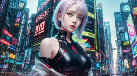 cyberpunk edgerunners, 1girl, lucy \(cyberpunk\), cyberpunk city landscape，Bare shoulders, eBlue eyes,  tightsuit, looking at vi...