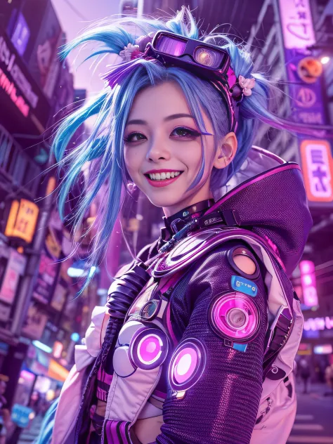 ((Jinx is dressed in a Harajuku Tech costume), (fisheyelens), self-shot, Cowboy shot, Wind, Messy hair, cyberpunk city landscape...