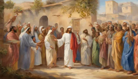 chies，DOA，Jesus was surrounded by believers, High quality shadows, High quality of light, High quality clothing, Masterpiece picture quality, max detail, Masterpiece quality.