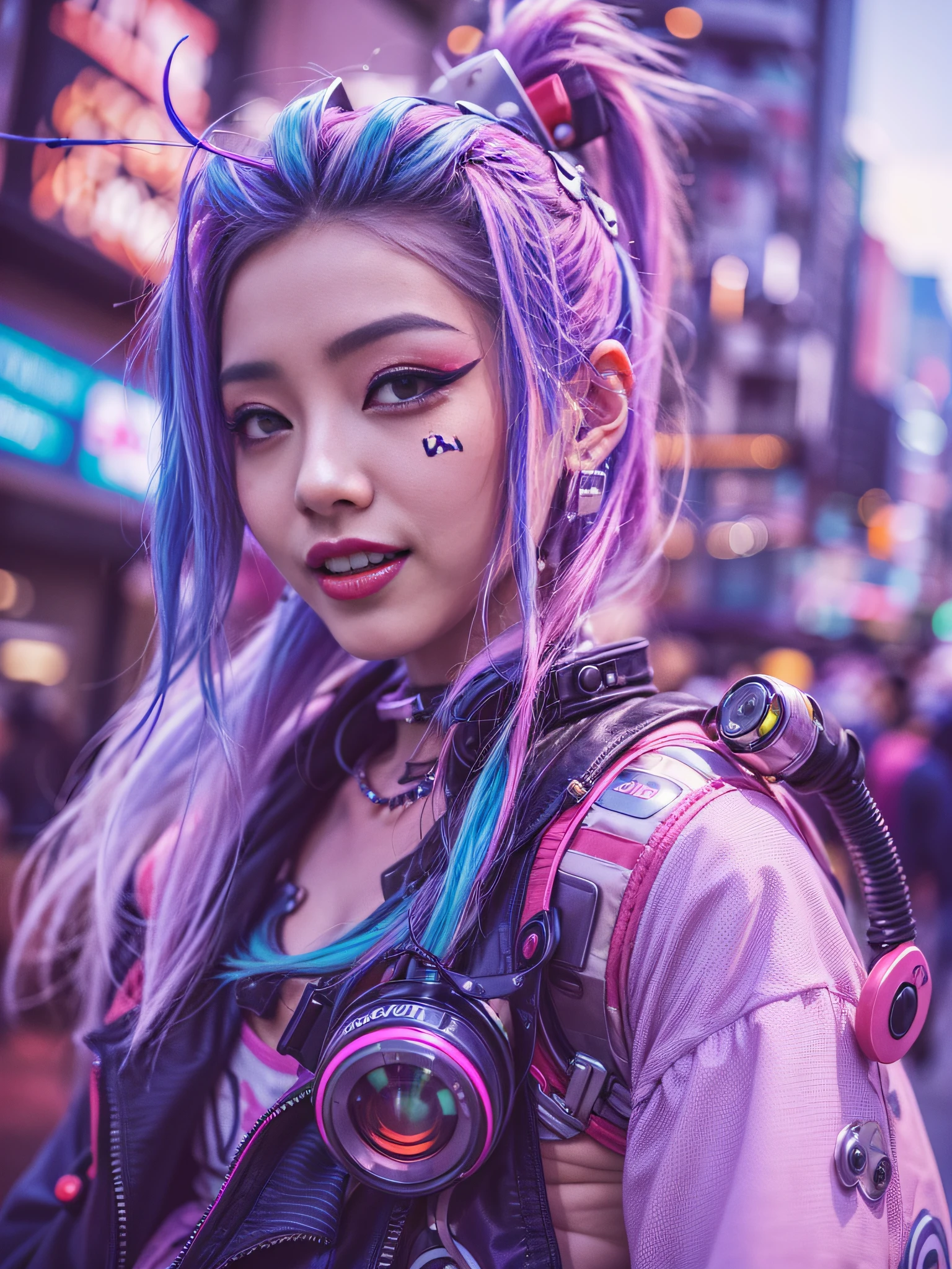 ((Jinx is dressed in a Harajuku Tech costume), (fisheyelens), self-shot, Cowboy shot, Wind, Messy hair, cyberpunk city landscape, (Aesthetics and atmosphere:1.2),Smiling, Laughing，wide wide shot