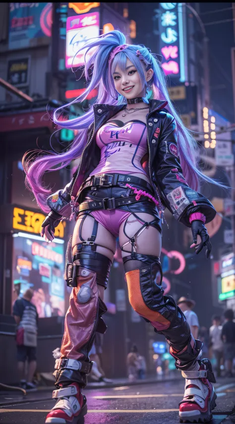 ((Jinx is dressed in a Harajuku Tech costume), (fisheyelens), self-shot, Cowboy shot, Wind, Messy hair, cyberpunk city landscape...