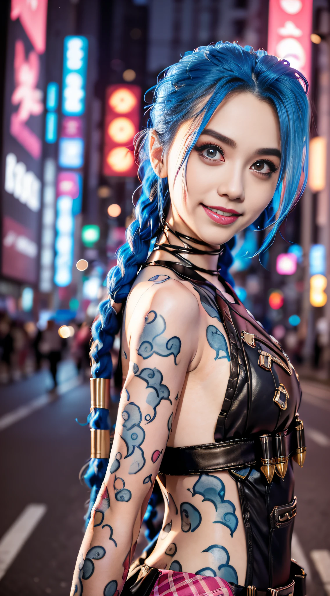 ((Jinx is dressed in a Harajuku Tech costume), (fisheyelens ), self-shot, Cowboy shot, Wind, Messy hair, cyberpunk city landscape, (Aesthetics and atmosphere:1.2),Smiling, Laughing，super wide shot