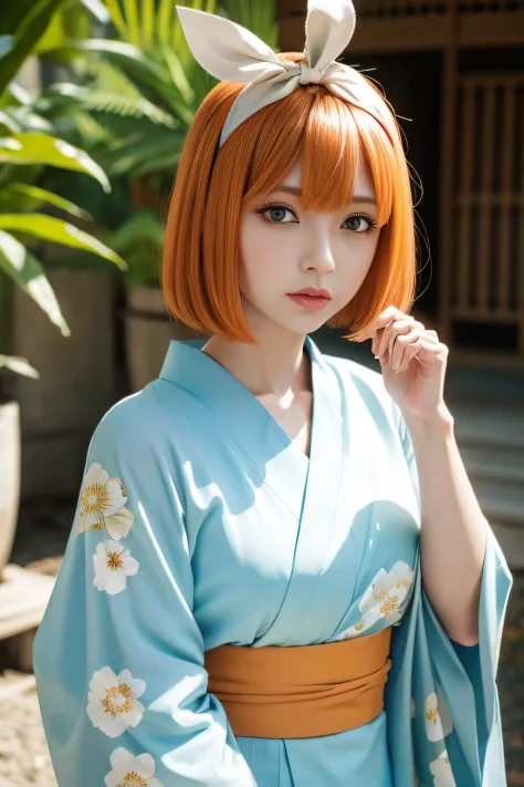 Nakano Yotsuba, Short_hair, Bangs, Blue_Eyes, orange_hair, Hair Bow, Green Ribbon, hair_Bland_Eyes,Straight face, Floral kimono,...