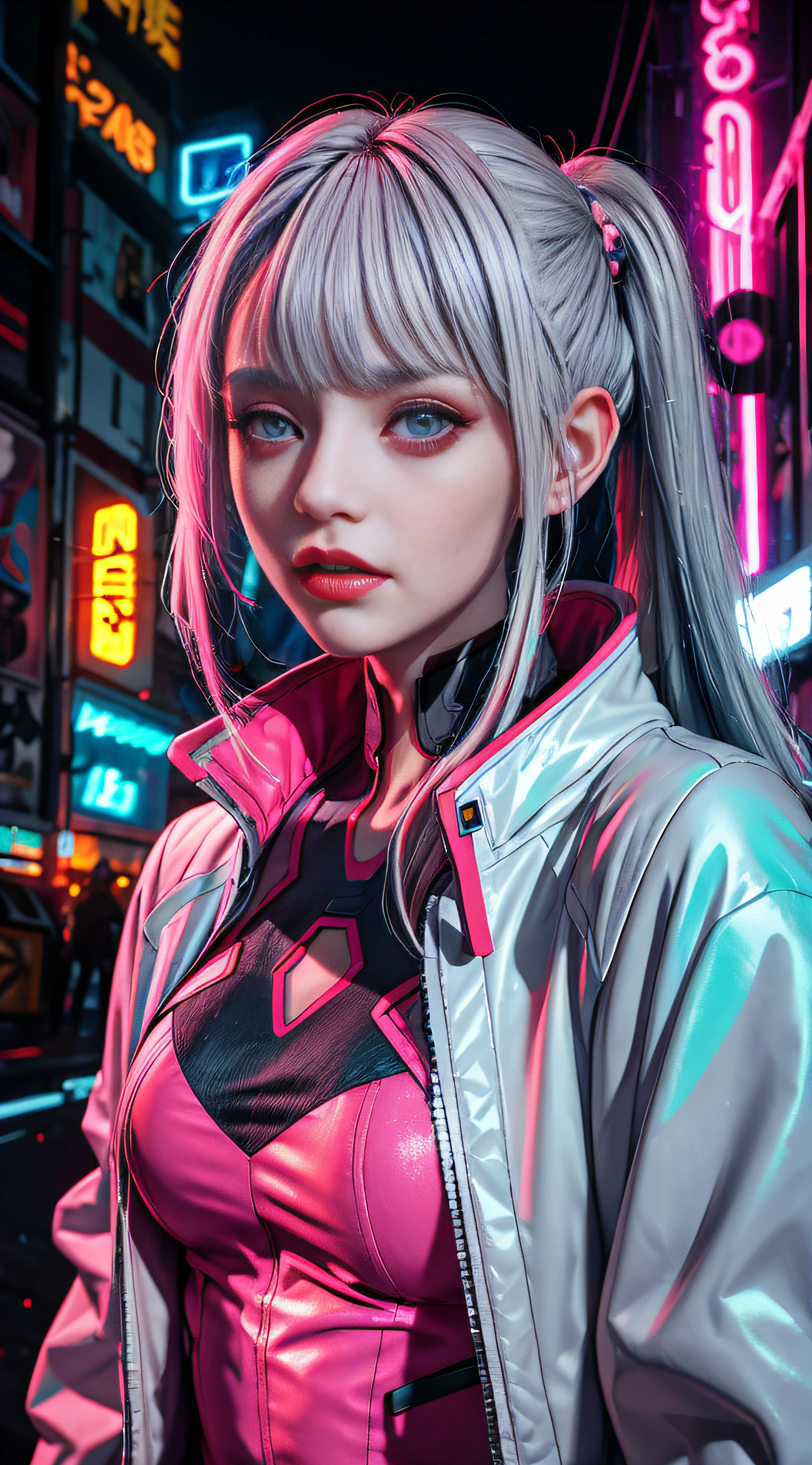 Lucie \(cyberpunk\), 1fille,  chouchou pour cheveux, Coupe Hime, cheveux argentés, conseils colorés, pleine lune, Yeux gris, veste, manches longues, regarder le spectateur, Cheveux moyens, cheveux multicolores, Frange séparée, lèvres entrouvertes, cheveux roses, portrait, eye-liner rouge, lèvres rouges, seulement, white veste, cyberpunk \(série\), nuit pluvieuse dans une ville cyberpunk avec des néons lumineux