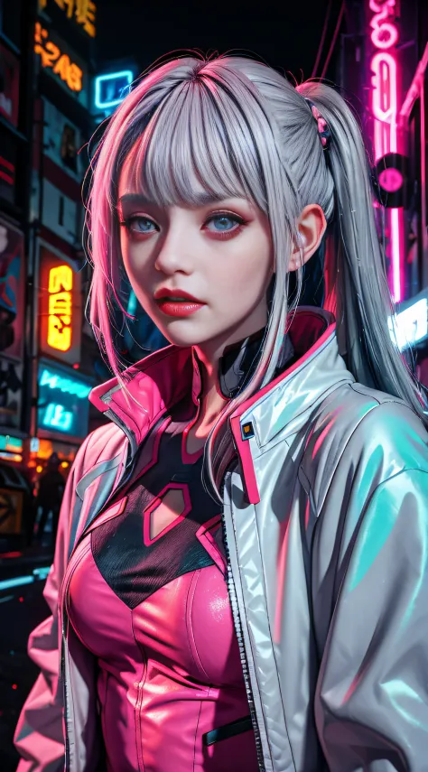 lucy \(cyberpunk\), 1girl,  hair scrunchie, hime cut, silver hair, colored tips, full moon, grey eyes, jacket, long sleeves, loo...