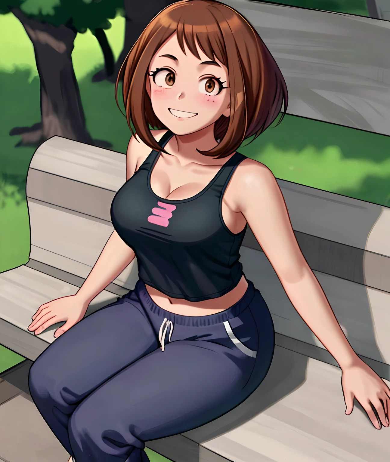 Anime girl sitting on a bench in a park with a pink heart on her chest -  SeaArt AI