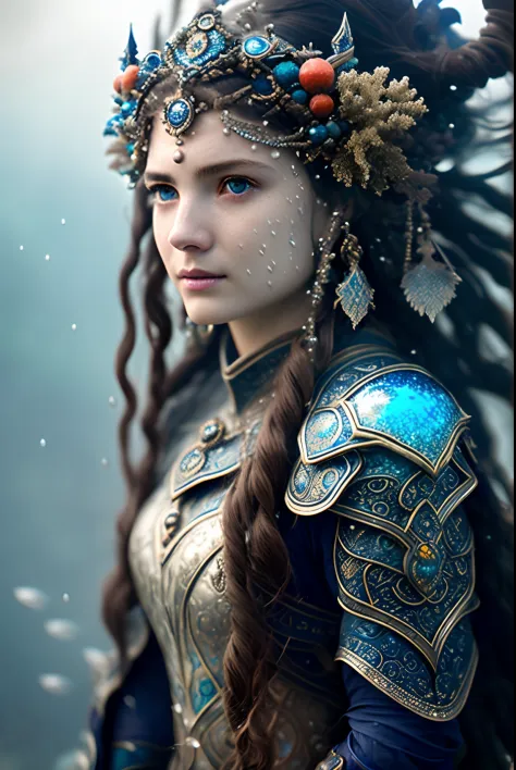 Photos of award-winning women、tough、blue eyess、((abyssal、Caustics、under the water))、Dark blue atmosphere、coral reef background、water bubbles、White glowing armor with highly detailed carvings、head gear、windy long hair、fantasy worlds、mystical、foggy、depth of ...