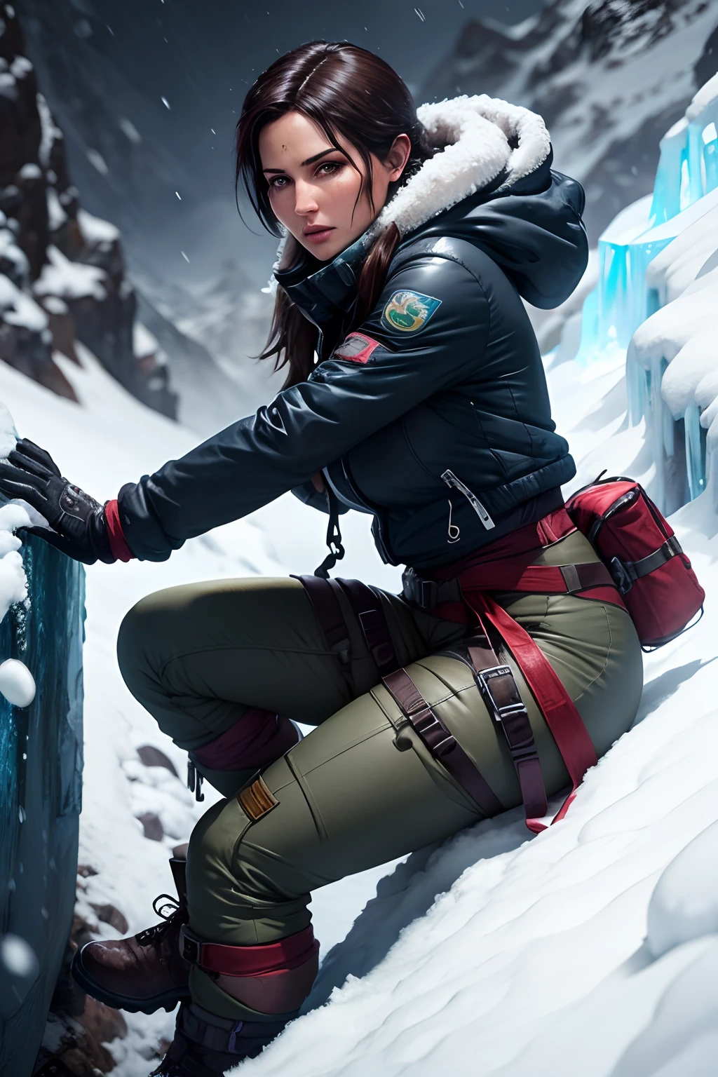 Lara Croft climbing the mount everest, snow clothes, glacier, ice, snowing, cold weather, storming