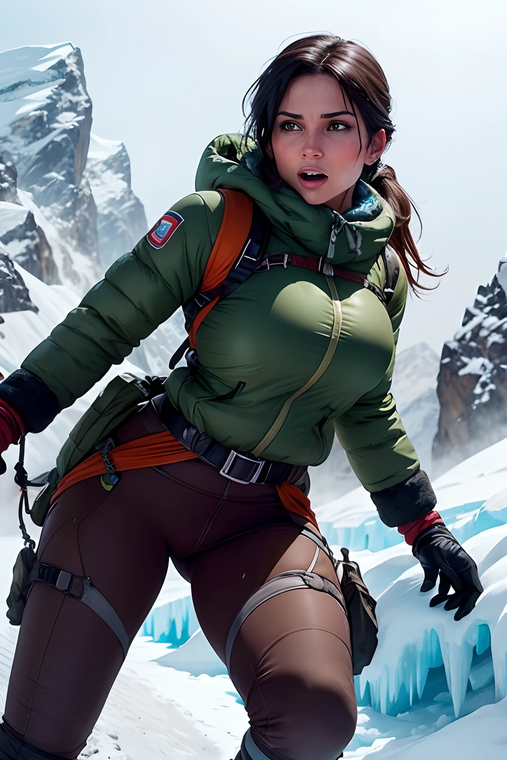 Lara Croft escalando el Everest, Ropa de nieve, glacier, hielo, nevando, clima frío, asalto