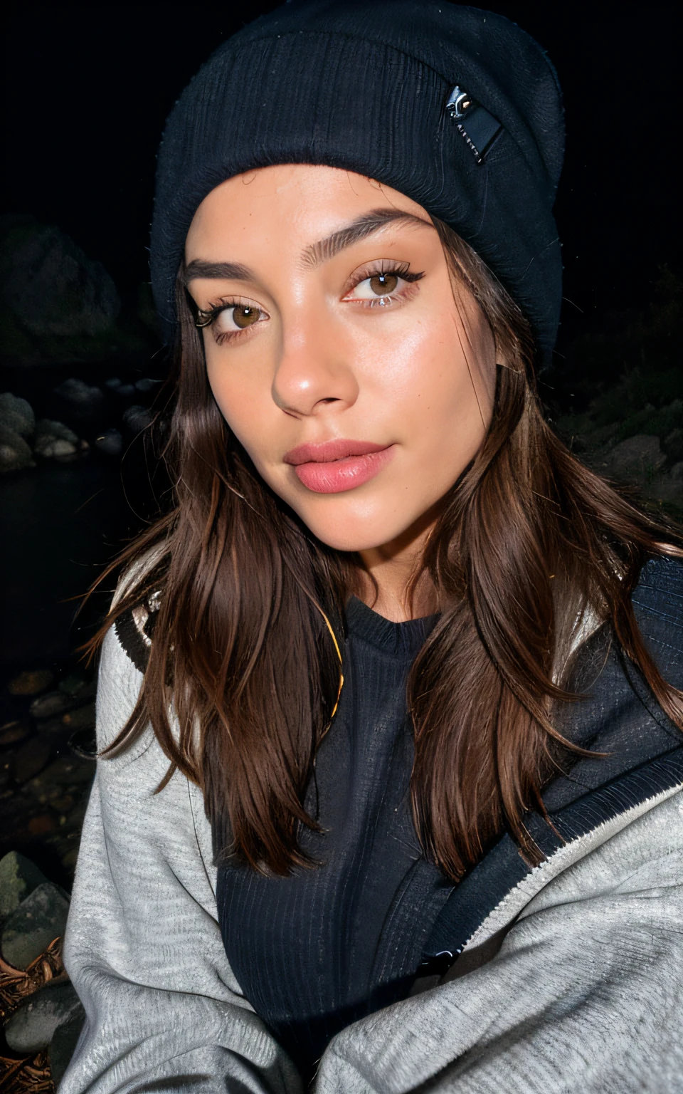 photorealistic, best quality, hyper detailed, beautiful woman, selfie photo, upper body, solo, wearing pullover, outdoors, (night), mountains, real life nature, stars, moon, (cheerful, happy), sleeping bag, gloves, sweater, beanie, flashlight, forest, rocks, river, wood, smoke, fog, clear sky, analog style, looking at viewer, skin texture, film grain, close up, ultra high res, best shadow, RAW, instagram LUT