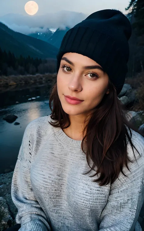 photorealistic, best quality, hyper detailed, beautiful woman, selfie photo, upper body, solo, wearing pullover, outdoors, (night), mountains, real life nature, stars, moon, (cheerful, happy), sleeping bag, gloves, sweater, beanie, flashlight, forest, rock...