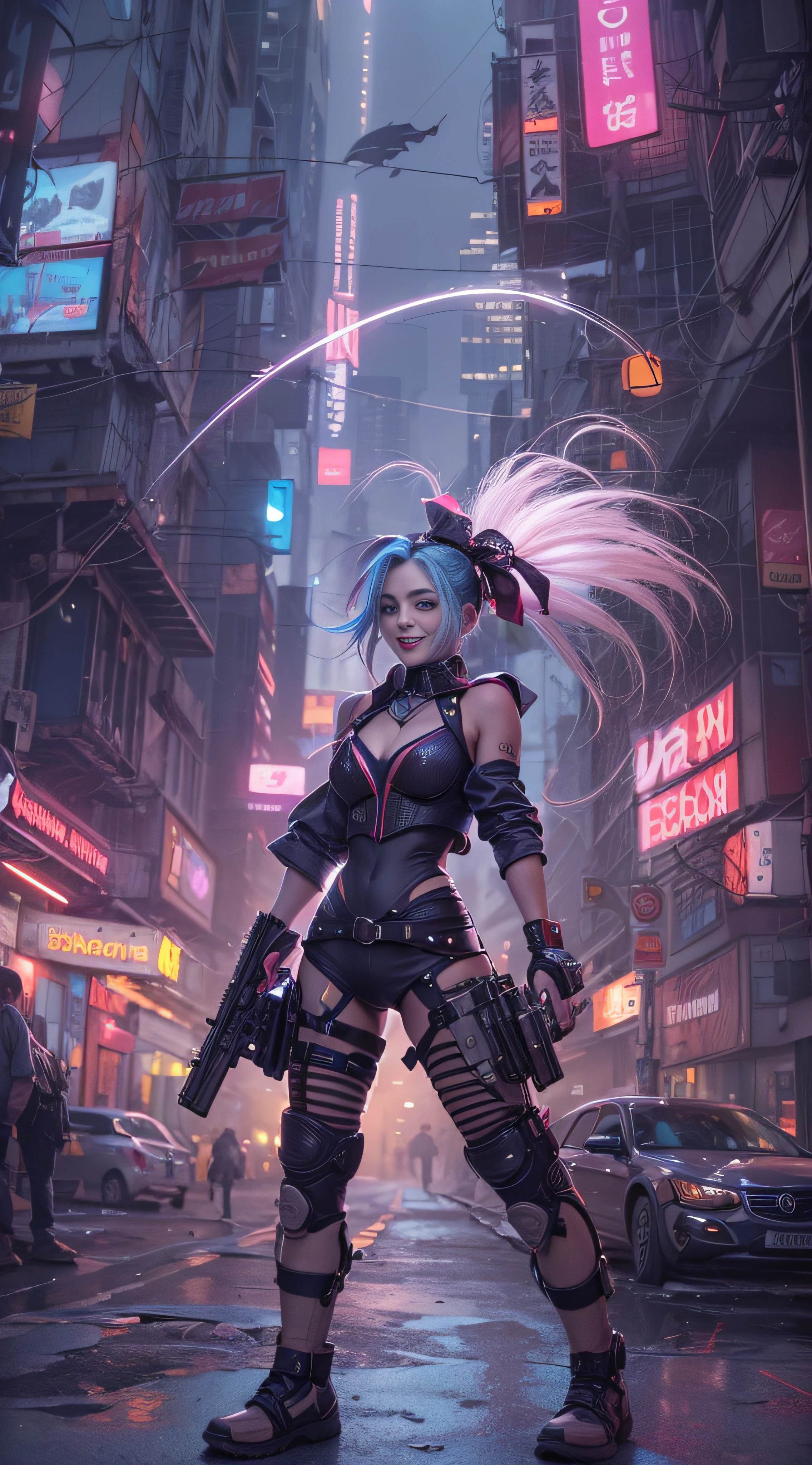 ((Jinx está fortemente armada), (lente olho de peixe), auto-tiro, tiro de vaqueiro, Vento, Cabelo bagunçado, paisagem da cidade cyberpunk, (Estética e atmosfera:1.2),sorridente, ，plano amplo