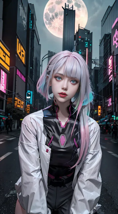 lucy \(cyberpunk\), 1girl,  hair scrunchie, hime cut, silver hair, colored tips, full moon, grey eyes, jacket, long sleeves, loo...