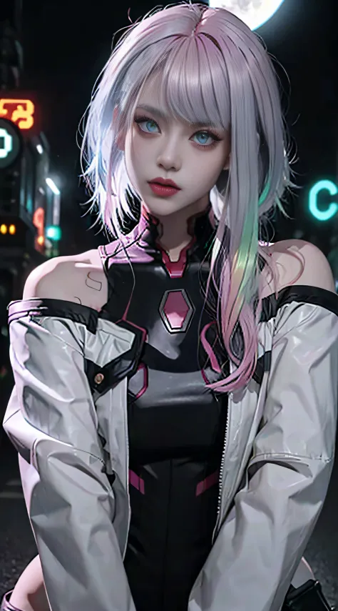 lucy \(cyberpunk\), 1girl,  hair scrunchie, hime cut, silver hair, colored tips, full moon, grey eyes, jacket, long sleeves, loo...
