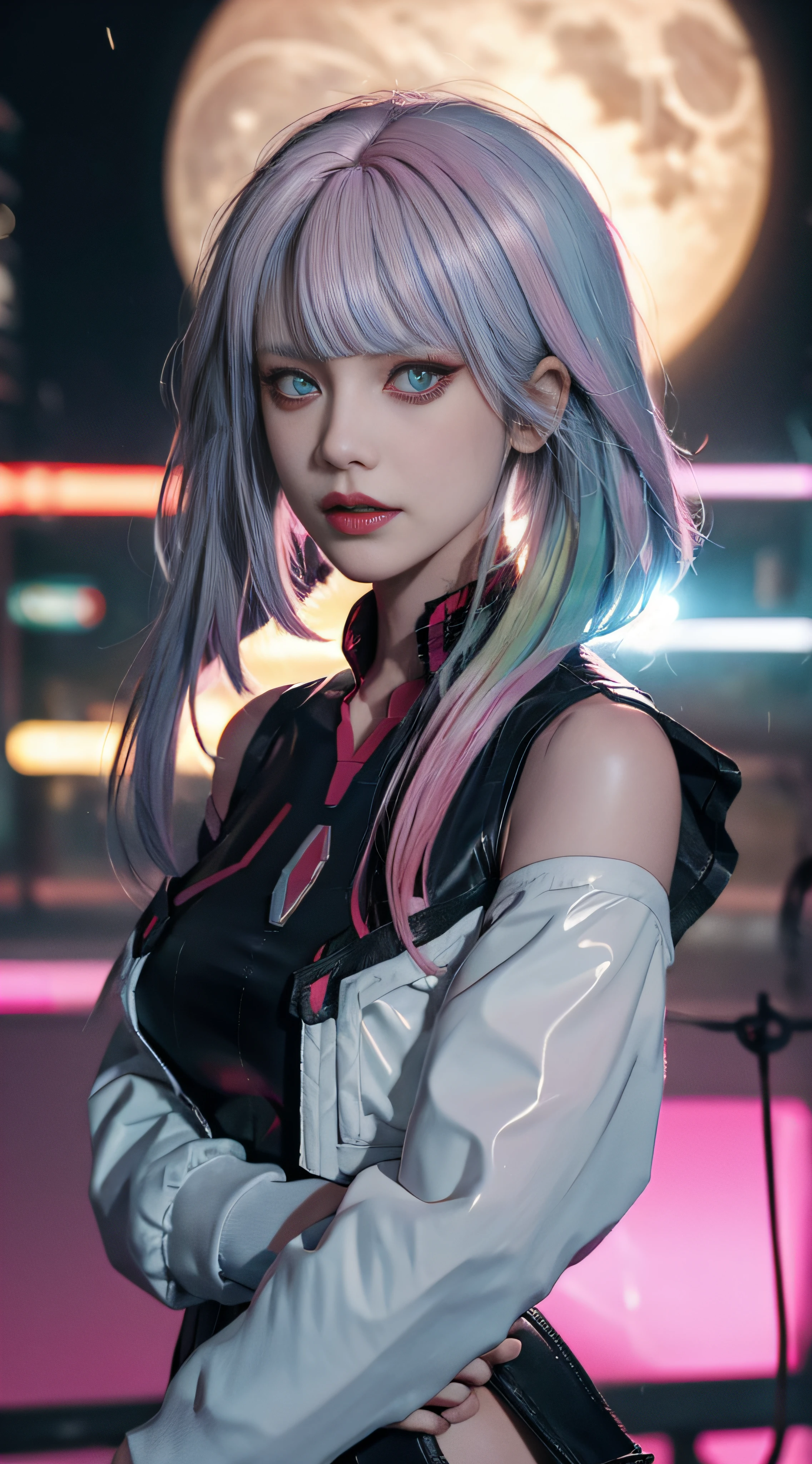 Lucie \(cyberpunk\), 1fille, chouchou pour cheveux, coupe hime, cheveux argentés, conseils colorés, pleine lune, Aux yeux gris, veste, manches longues, voir le spectateur, Lumière et ombre extrêmes，chef-d&#39;œuvre，Lumière et ombre du cinéma et de la télévision，Clarté 8K，cheveux moyens, Les cheveux multicolores, Frange séparée, Lèvres entrouvertes, Un aux cheveux roses, portrait, eye-liner rouge, Rouge à lèvres, seulement, veste blanche, personnage cyber punk\(série\), Nuit pluvieuse dans une ville cyberpunk éclairée au néon