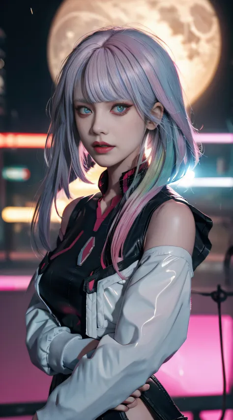 lucy \(Cyberpunk\), 1girll, hair scrunchie, hime-cut, Silver hair, colored tips, full moon, With gray eyes, Jacket, Long sleeves...