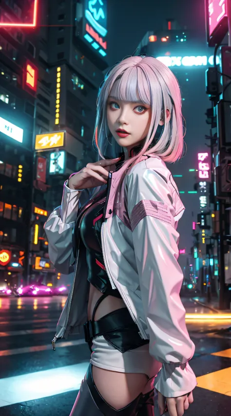 lucy \(cyberpunk\), 1girl,  hair scrunchie, hime cut, silver hair, colored tips, full moon, grey eyes, jacket, long sleeves, loo...