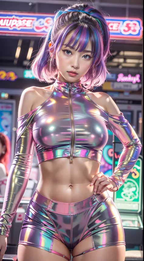 ((masutepiece)), Best Quality, absurderes, ultra-detailliert, Holographic, Cowboy Shot, Golden ratio, Super cute girl, Mature girl, Idol girl, Super beautiful asian girl with very beautiful purple glowing eyes, Beautiful shiny brown multicolored hair, High...