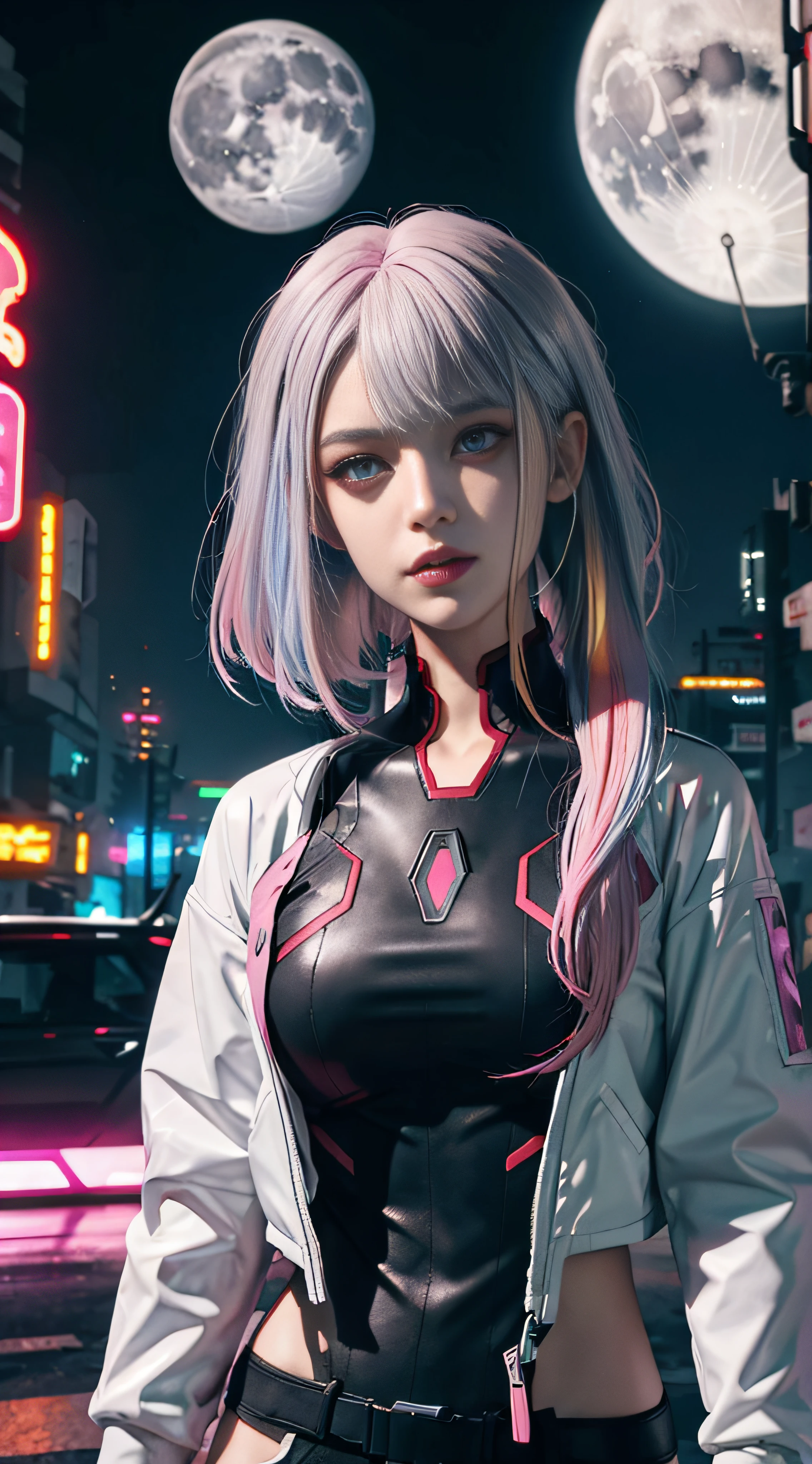 lucy \(cyberpunk\), 1girl,  hair scrunchie, hime cut, silver hair, colored tips, full moon, grey eyes, jacket, long sleeves, looking at viewer, medium hair, multicolored hair, parted bangs, parted lips, pink hair, portrait, red eyeliner, red lips, solo, white jacket, cyberpunk \(series\), rainy night in a cyberpunk city with glowing neon lights