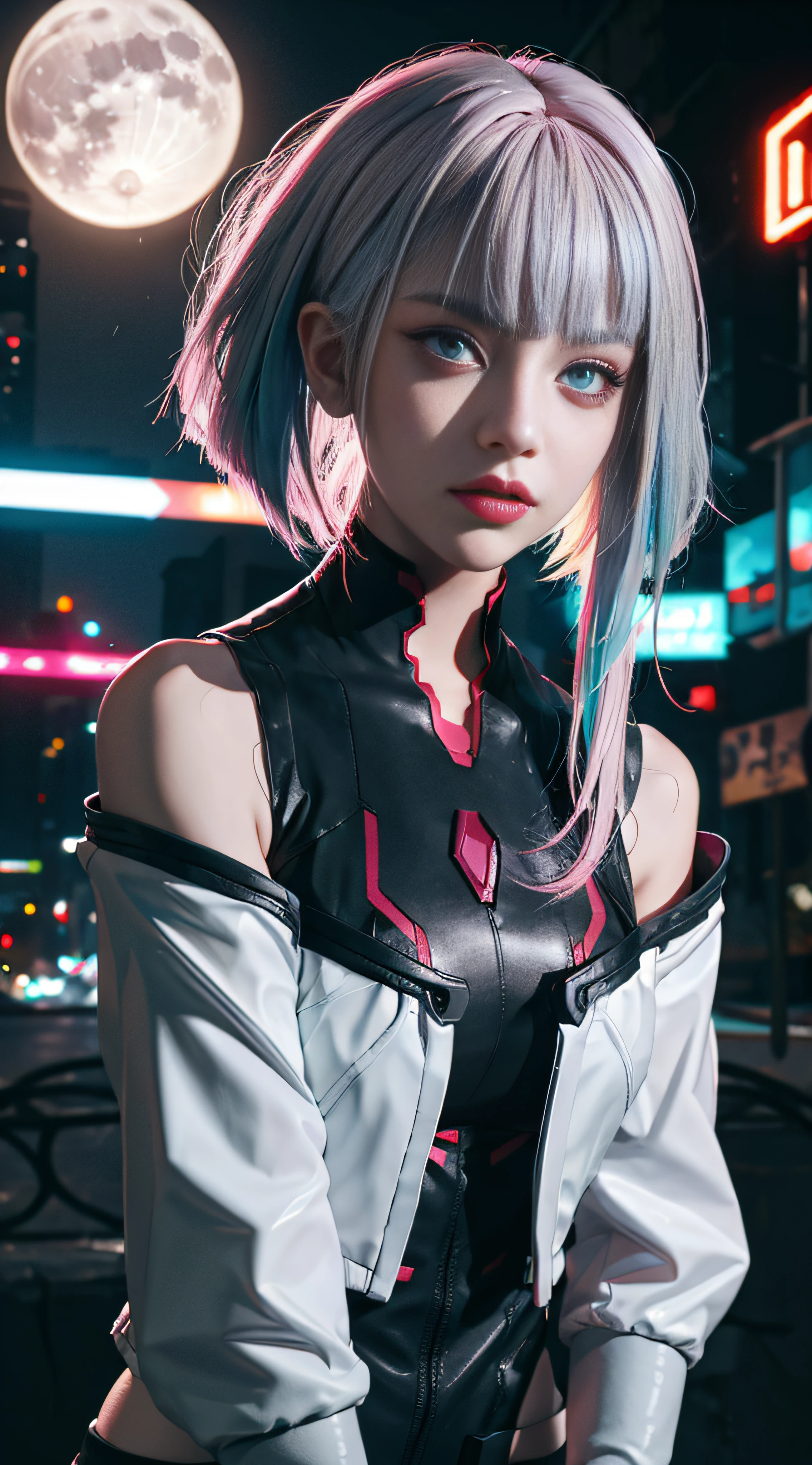 lucy \(cyberpunk\), 1girl,  hair scrunchie, hime cut, silver hair, colored tips, full moon, grey eyes, jacket, long sleeves, looking at viewer, medium hair, multicolored hair, parted bangs, parted lips, pink hair, portrait, red eyeliner, red lips, solo, white jacket, cyberpunk \(series\), rainy night in a cyberpunk city with glowing neon lights