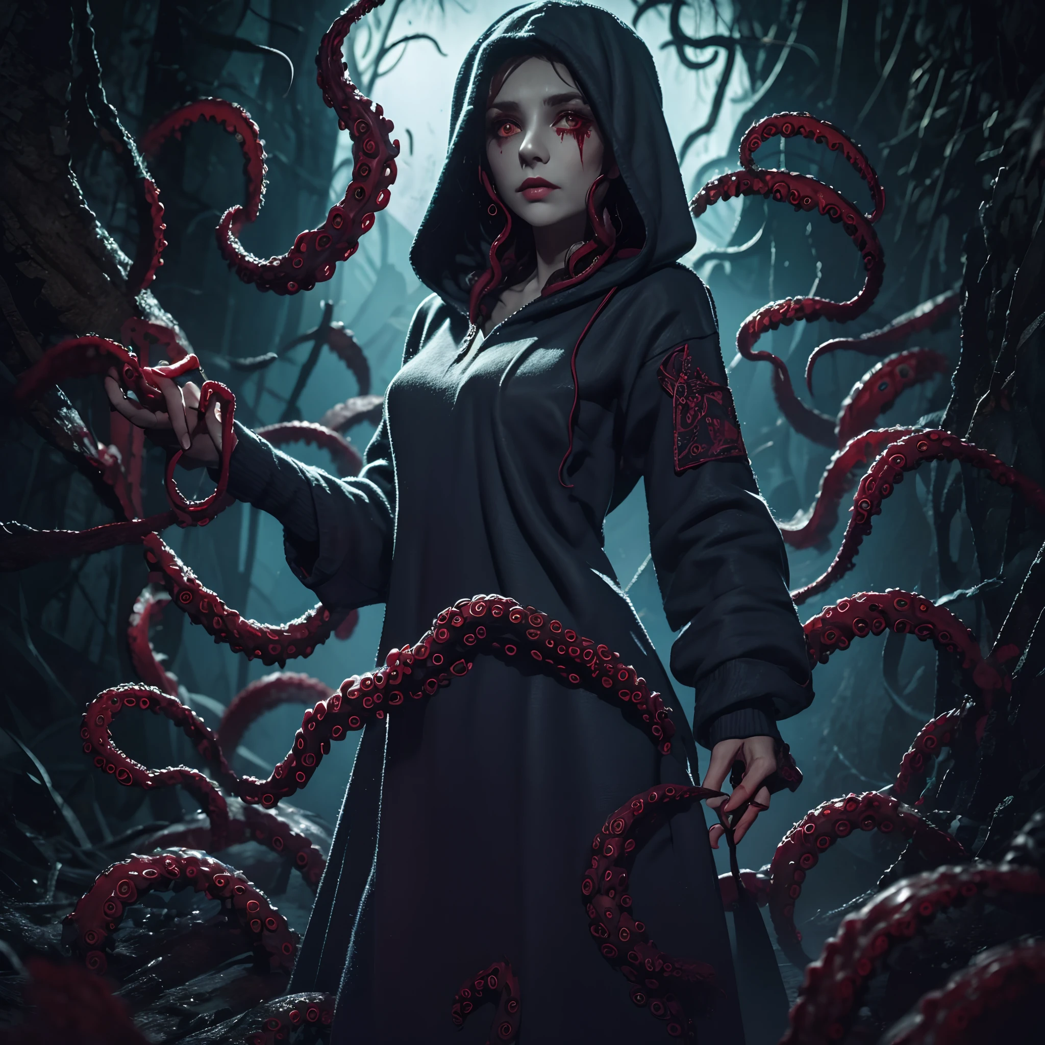 priestess, sorceress, Sorceress, Tentacles, Scary skinny girl, Slim girl with thin straight fingers in a hoodie and with tentacles, bloods, Drops of blood, Priestess of Evil, Vampire aristocracy, A Dead Look, bloodstained clothes, red-eyes, Holes for Eyes, blood from the eyes, Runes, Ancient runes, Runes on clothes