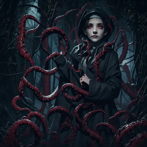 priestess, sorceress, Sorceress, Tentacles, Scary skinny girl, Slim girl with thin straight fingers in a hoodie and with tentacles, bloods, Drops of blood, Priestess of Evil, Vampire aristocracy, A Dead Look, bloodstained clothes, red-eyes, Holes for Eyes,...