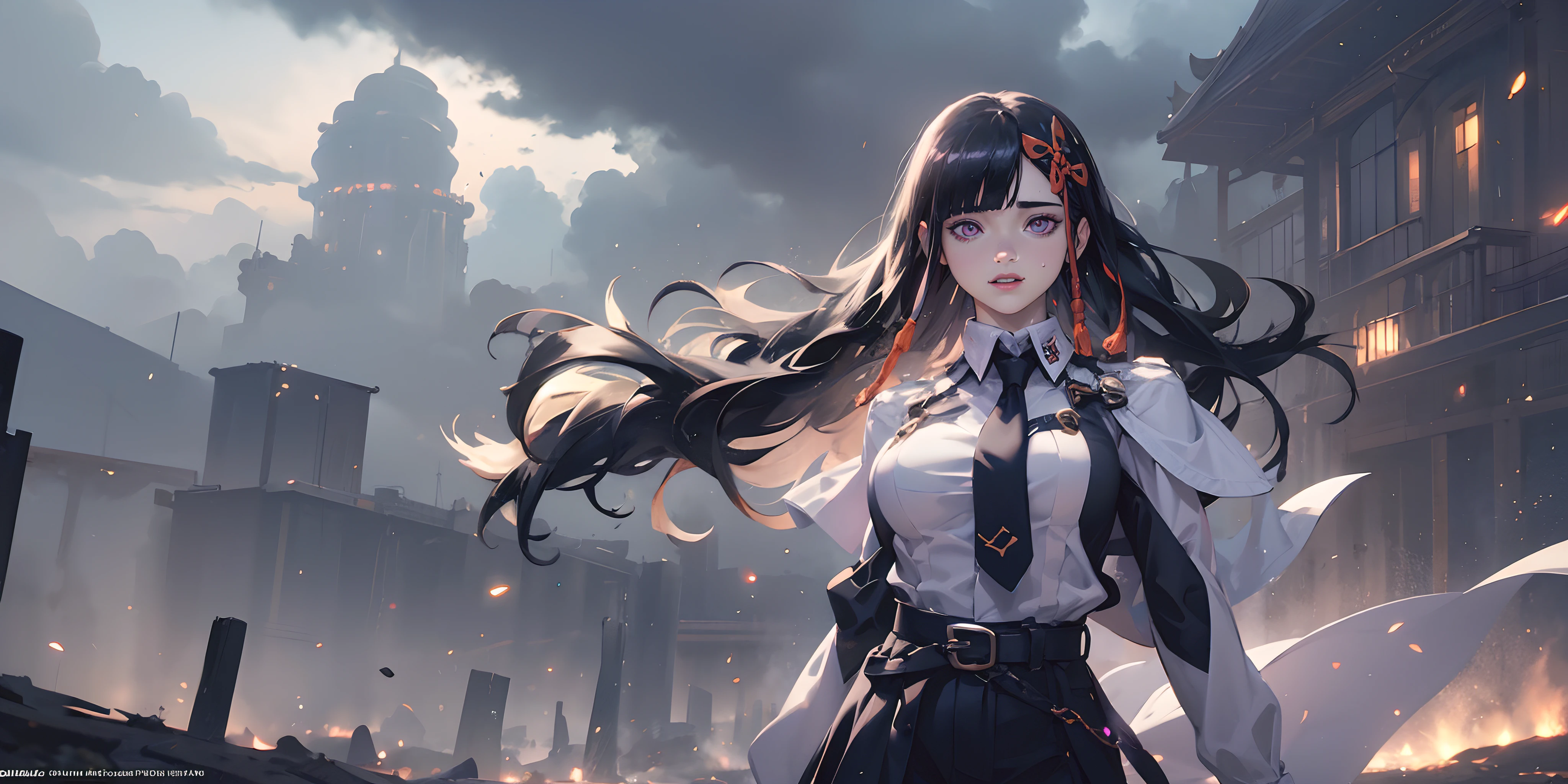 (black hair, long hair:1.6), hair ornament, purple eyes, 1girl, cloud, necktie, sky, black_neckwear, wind, outdoors, breasts, solo, shirt, floating_hair, skirt, cloudy_sky, pencil_skirt, white_shirt, long_sleeves, collared_shirt, looking_at_viewer, black_belt, black_skirt, large_breasts, parted_lips, glow effects, godrays, Hand drawn, render, 8k, octane render, cinema 4d, blender, dark, atmospheric 4k ultra detailed, cinematic, Sharp focus, big depth of field, Masterpiece, colors, 3d octane render, 4k, concept art, trending on artstation, hyperrealistic, Vivid colors, extremely detailed CG unity 8k wallpaper, trending on CGSociety, Intricate, High Detail, dramatic, glowing eyes, large breasts,