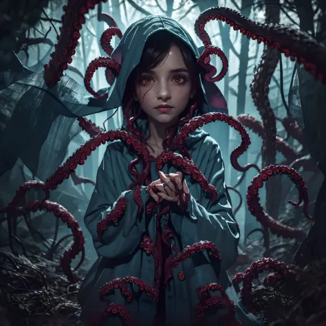 flower, flower in the hand, ghost, ghost girl, ghost in the forest, old trees, fog, old grass, Tentacles, Tentacles, ghostly tentacles instead of but, shoots from under the raincoat, long processes, ghostly appendages, blank eyes, spirit, Phantom, Ghost, R...
