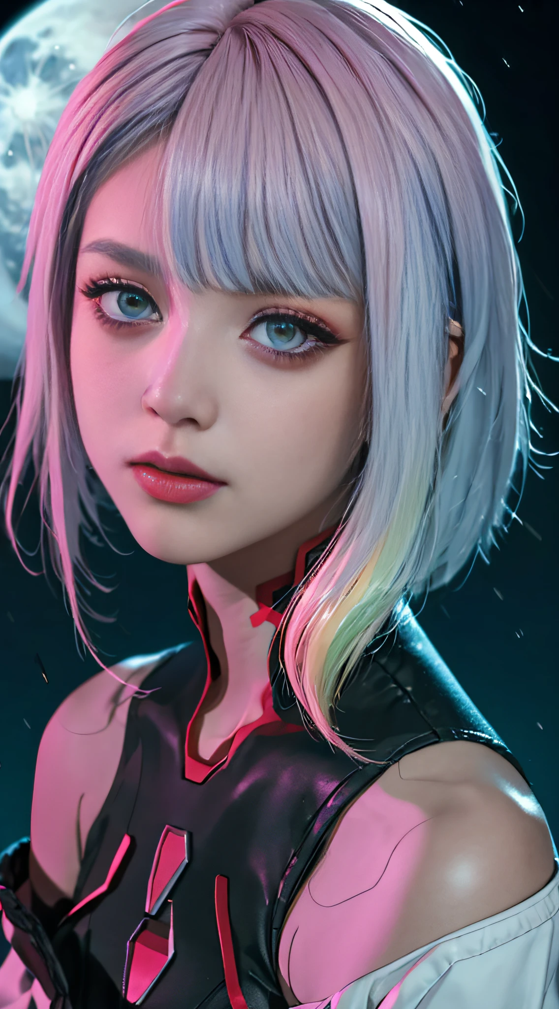 lucy \(cyberpunk\), 1girl,  hair scrunchie, hime cut, silver hair, colored tips, full moon, grey eyes, jacket, long sleeves, looking at viewer, medium hair, multicolored hair, parted bangs, parted lips, pink hair, portrait, red eyeliner, red lips, solo, white jacket, cyberpunk \(series\), rainy night in a cyberpunk city with glowing neon lights