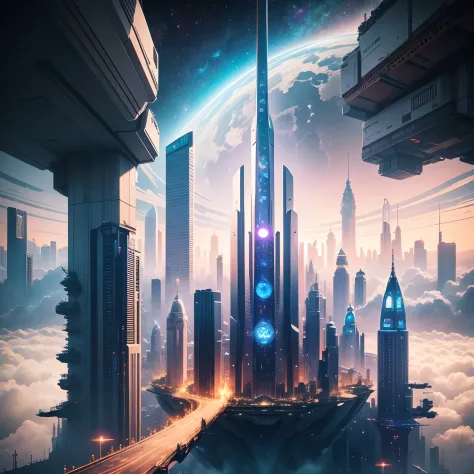 Space City、futuristic cities、floating in the universe、ＳＦart by，cyberpunked、The streets are lined with skyscrapers、A space station、Skyscrapers tall through the clouds，top-quality、​masterpiece、dream、utopian、planet earth、World of Dreams、Fantasia、𝓡𝓸𝓶𝓪𝓷𝓽𝓲𝓬、Beau...